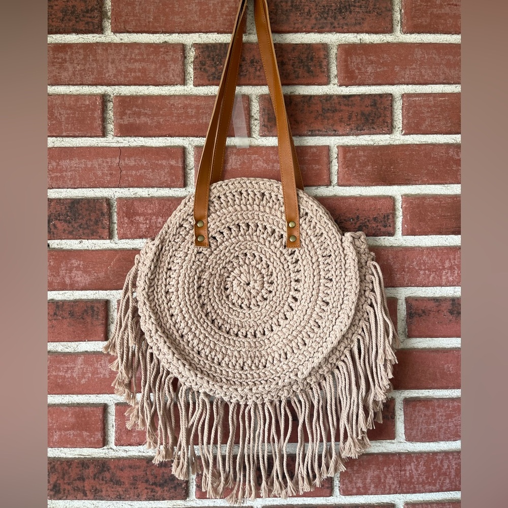 Cream and Brown Crochet Shoulder Bag with Fringe